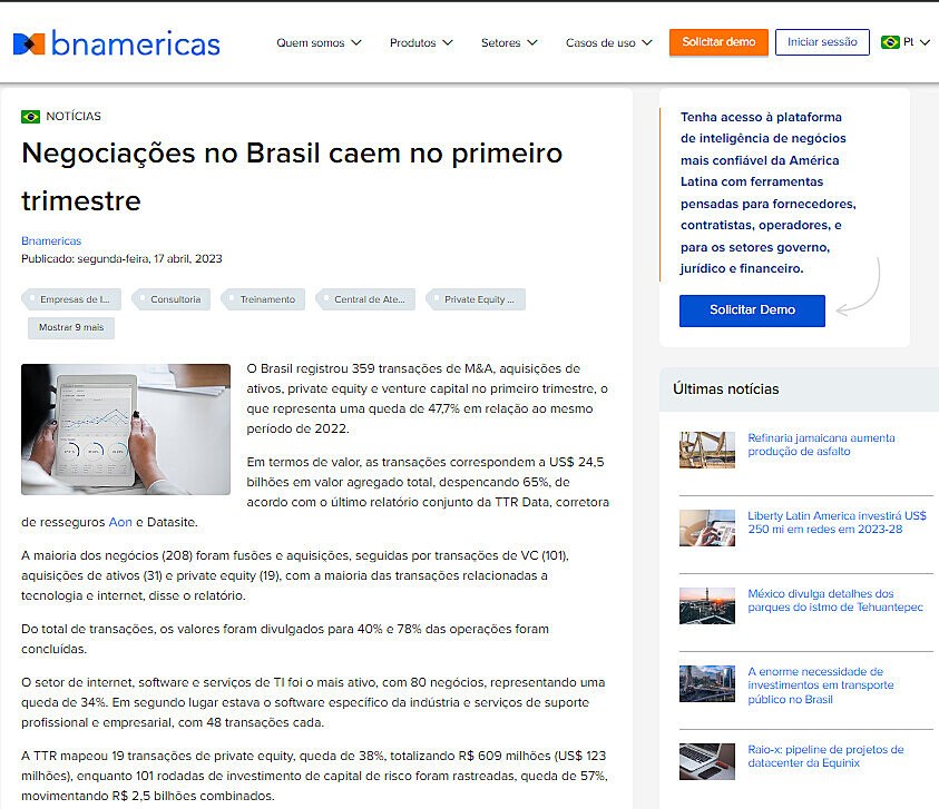 Negociaes no Brasil caem no primeiro trimestre